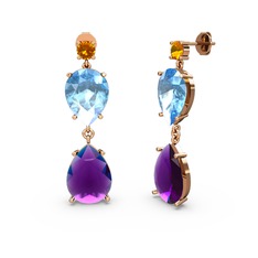 Sitrin, ametist ve akuamarin 8 ayar rose altın küpe