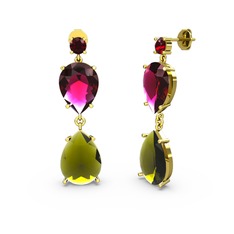 Lena Damla Küpe - Garnet, peridot ve rodolit garnet 8 ayar altın küpe #19cm2k