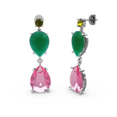 Peridot, pembe kuvars ve kök zümrüt 18 ayar beyaz altın küpe
