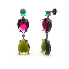 Lena Damla Küpe - Kök zümrüt, peridot ve rodolit garnet 925 ayar siyah rodyum kaplama gümüş küpe #19p06qs