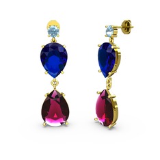 Akuamarin, rodolit garnet ve lab safir 14 ayar altın küpe