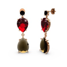 Siyah zirkon, dumanlı kuvars ve garnet 18 ayar rose altın küpe
