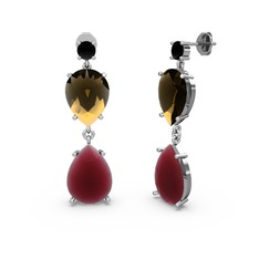 Lena Damla Küpe - Siyah zirkon, kök yakut ve dumanlı kuvars 8 ayar beyaz altın küpe #1bkur3x