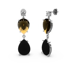 Swarovski, siyah zirkon ve dumanlı kuvars 8 ayar beyaz altın küpe