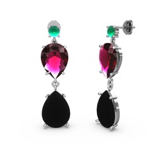 Kök zümrüt, siyah zirkon ve rodolit garnet 14 ayar beyaz altın küpe