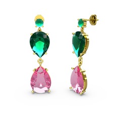 Lena Damla Küpe - Kök zümrüt, pembe kuvars ve yeşil kuvars 925 ayar altın kaplama gümüş küpe #1c5xrmx