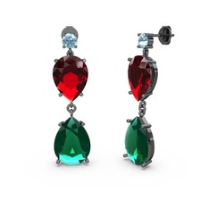 Lena Damla Küpe - Akuamarin, yeşil kuvars ve garnet 925 ayar siyah rodyum kaplama gümüş küpe #1cdiyz8