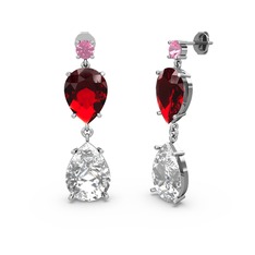 Pembe kuvars, beyaz zirkon ve garnet 18 ayar beyaz altın küpe