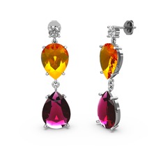 Beyaz zirkon, rodolit garnet ve sitrin 925 ayar gümüş küpe