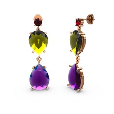 Garnet, ametist ve peridot 14 ayar rose altın küpe