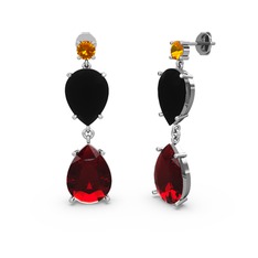 Sitrin, garnet ve siyah zirkon 8 ayar beyaz altın küpe