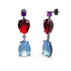 Lena Damla Küpe - Ametist, akuamarin ve garnet 925 ayar siyah rodyum kaplama gümüş küpe #1d3jtkp