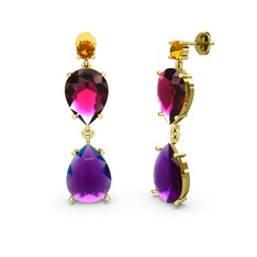 Lena Damla Küpe - Sitrin, ametist ve rodolit garnet 14 ayar altın küpe #1darc62