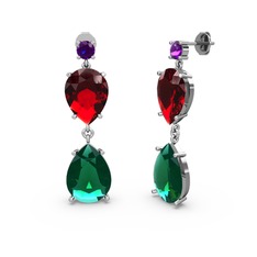 Lena Damla Küpe - Ametist, yeşil kuvars ve garnet 8 ayar beyaz altın küpe #1dwlbd0