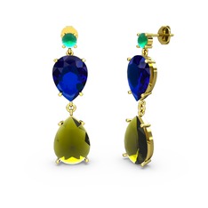 Lena Damla Küpe - Kök zümrüt, peridot ve lab safir 14 ayar altın küpe #1ef7rwd