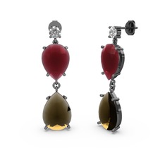 Lena Damla Küpe - Swarovski, dumanlı kuvars ve kök yakut 925 ayar siyah rodyum kaplama gümüş küpe #1es2yo6