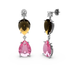 Lena Damla Küpe - Beyaz zirkon, pembe kuvars ve dumanlı kuvars 18 ayar beyaz altın küpe #1f6c47p