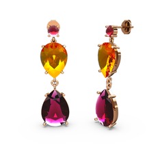Kök yakut, rodolit garnet ve sitrin 8 ayar rose altın küpe