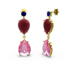 Lena Damla Küpe - Lab safir, pembe kuvars ve kök yakut 18 ayar altın küpe #1g1b12c