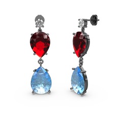 Lena Damla Küpe - Swarovski, akuamarin ve garnet 925 ayar siyah rodyum kaplama gümüş küpe #1hz9k35