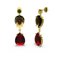 Lena Damla Küpe - Peridot, garnet ve dumanlı kuvars 14 ayar altın küpe #1ij6x6x