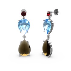Garnet, dumanlı kuvars ve akuamarin 8 ayar beyaz altın küpe