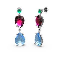 Lena Damla Küpe - Kök zümrüt, akuamarin ve rodolit garnet 18 ayar beyaz altın küpe #1iksfdu