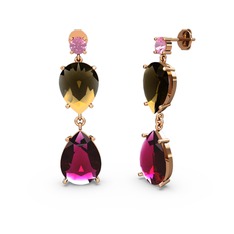 Lena Damla Küpe - Pembe kuvars, rodolit garnet ve dumanlı kuvars 14 ayar rose altın küpe #1ini0mz