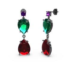 Lena Damla Küpe - Ametist, garnet ve yeşil kuvars 925 ayar siyah rodyum kaplama gümüş küpe #1j6mh08