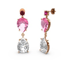 Rodolit garnet, beyaz zirkon ve pembe kuvars 18 ayar rose altın küpe