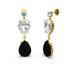 Akuamarin, siyah zirkon ve swarovski 18 ayar altın küpe