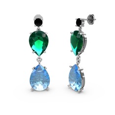 Lena Damla Küpe - Siyah zirkon, akuamarin ve yeşil kuvars 14 ayar beyaz altın küpe #1kgs5nc