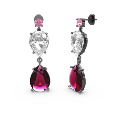 Pembe kuvars, rodolit garnet ve swarovski 925 ayar siyah rodyum kaplama gümüş küpe