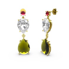 Kök yakut, peridot ve swarovski 14 ayar altın küpe