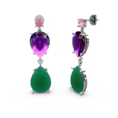 Lena Damla Küpe - Pembe kuvars, kök zümrüt ve ametist 18 ayar beyaz altın küpe #1l5rqbd