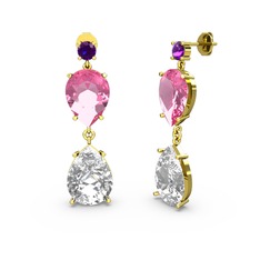 Lena Damla Küpe - Ametist, swarovski ve pembe kuvars 18 ayar altın küpe #1lgk79h