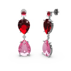 Kök yakut, pembe kuvars ve garnet 14 ayar beyaz altın küpe