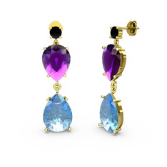 Lena Damla Küpe - Siyah zirkon, akuamarin ve ametist 14 ayar altın küpe #1lkxzro
