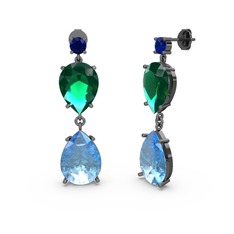 Lena Damla Küpe - Lab safir, akuamarin ve yeşil kuvars 925 ayar siyah rodyum kaplama gümüş küpe #1lv997i