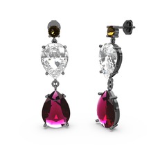 Dumanlı kuvars, rodolit garnet ve swarovski 925 ayar siyah rodyum kaplama gümüş küpe
