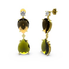 Beyaz zirkon, peridot ve dumanlı kuvars 14 ayar altın küpe