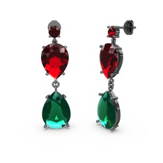 Garnet ve yeşil kuvars 925 ayar siyah rodyum kaplama gümüş küpe