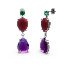 Lena Damla Küpe - Yeşil kuvars, ametist ve kök yakut 14 ayar beyaz altın küpe #1mc6gk9