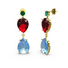 Lena Damla Küpe - Yeşil kuvars, akuamarin ve garnet 8 ayar altın küpe #1mef1l4