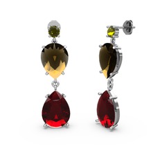 Peridot, garnet ve dumanlı kuvars 8 ayar beyaz altın küpe