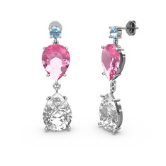 Akuamarin, swarovski ve pembe kuvars 14 ayar beyaz altın küpe