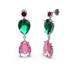 Garnet, pembe kuvars ve yeşil kuvars 14 ayar beyaz altın küpe