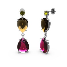 Peridot, rodolit garnet ve dumanlı kuvars 8 ayar beyaz altın küpe