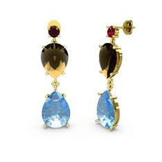 Lena Damla Küpe - Garnet, akuamarin ve dumanlı kuvars 18 ayar altın küpe #1naux6z