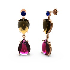 Lab safir, rodolit garnet ve dumanlı kuvars 14 ayar rose altın küpe